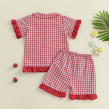 Girls Pajama Set with Cute Unicorn Print and Ruffle Trim Short Sleeve Tops and Shorts 2 Piece Lounge Suit Sleepwear for Kids