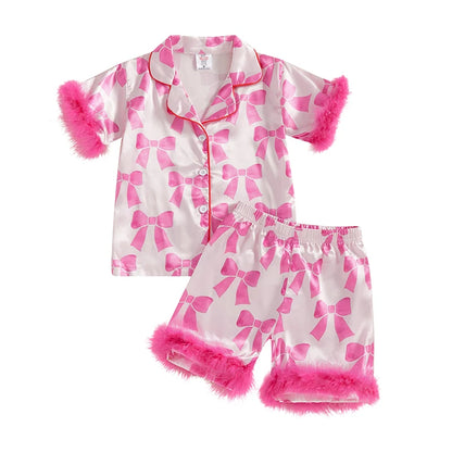 Children s Girls Pajama Set Lobster Polka Dot Print Short Sleeve Top with Elastic Waist Shorts Sleepwear for Kids