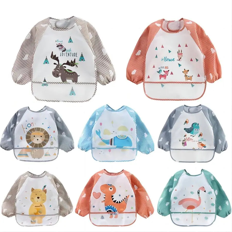 1Pcs Waterproof Eating Smock Infant Toddler Baby Cartoon Long Sleeve Art Apron Animal Smock Soft Baby Bib Burp Clothes