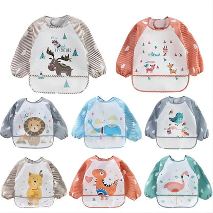 1Pcs Waterproof Eating Smock Infant Toddler Baby Cartoon Long Sleeve Art Apron Animal Smock Soft Baby Bib Burp Clothes