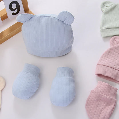 3Pcs/Set Cute Cotton Baby Hats Newborn Bonnet Gloves Mittens Beanies Bear Ear Shape Gift Photo Props Infant 0-3M Clothing