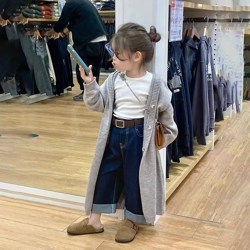 Girls Fashion Cardigan Jackets New Kids Spring Autumn Casual Coats Children Hooded Trend Long Jumper Versatile Knitted Clothing