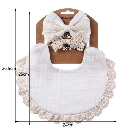3Pcs/set Solid Muslin Cotton Baby Bibs & Lace Headbands Princess Boys Girls Saliva Towel Feeding Burp Cloths Nylon Hair Bands