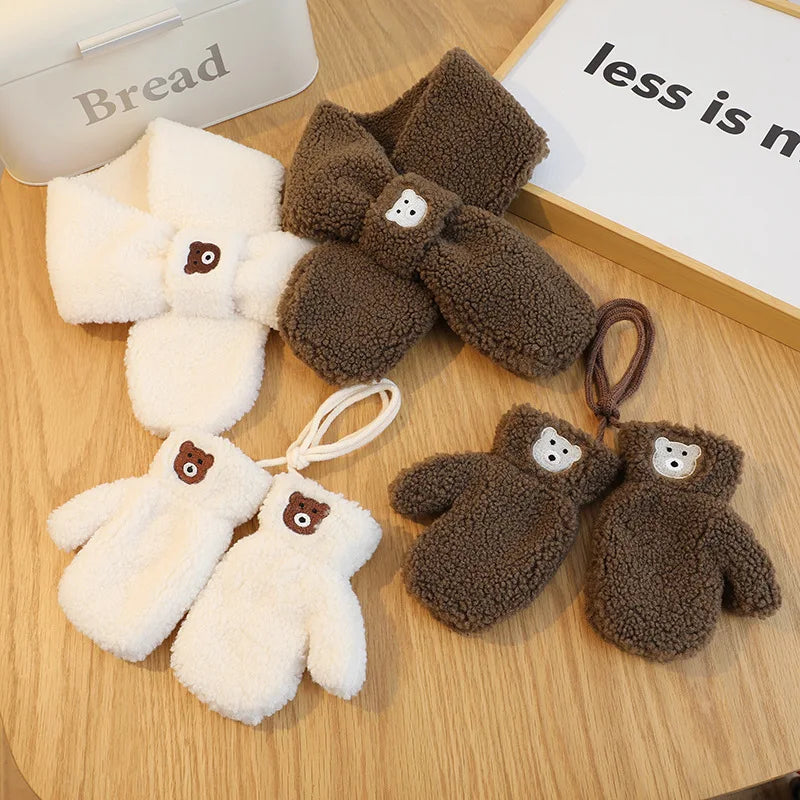 Bear Winter Baby Scarf Gloves Set Faux Lamb Wool Korean Warm Kids Neck Warmer Mittens Children Boys Girls Accessories 2-6Y