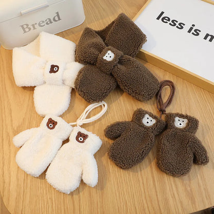 Bear Winter Baby Scarf Gloves Set Faux Lamb Wool Korean Warm Kids Neck Warmer Mittens Children Boys Girls Accessories 2-6Y