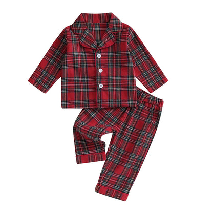 2023-08-17 Lioraitiin 6M-4Y Kids Christmas Pajamas Set Plaid Button up Long Sleeve Shirt and Elastic Pants Loungewear Sleepwear