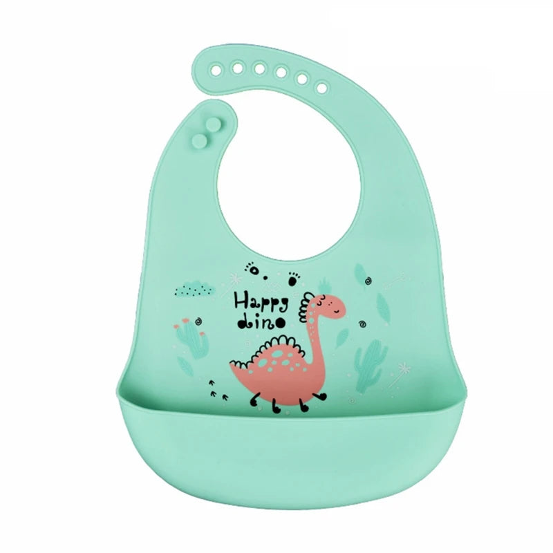 Cartoon Waterproof Soft Silicone Baby Bibs Adjustable Toddler Feeding Food Catcher Roll up Pocket Feeding Stuff Apron
