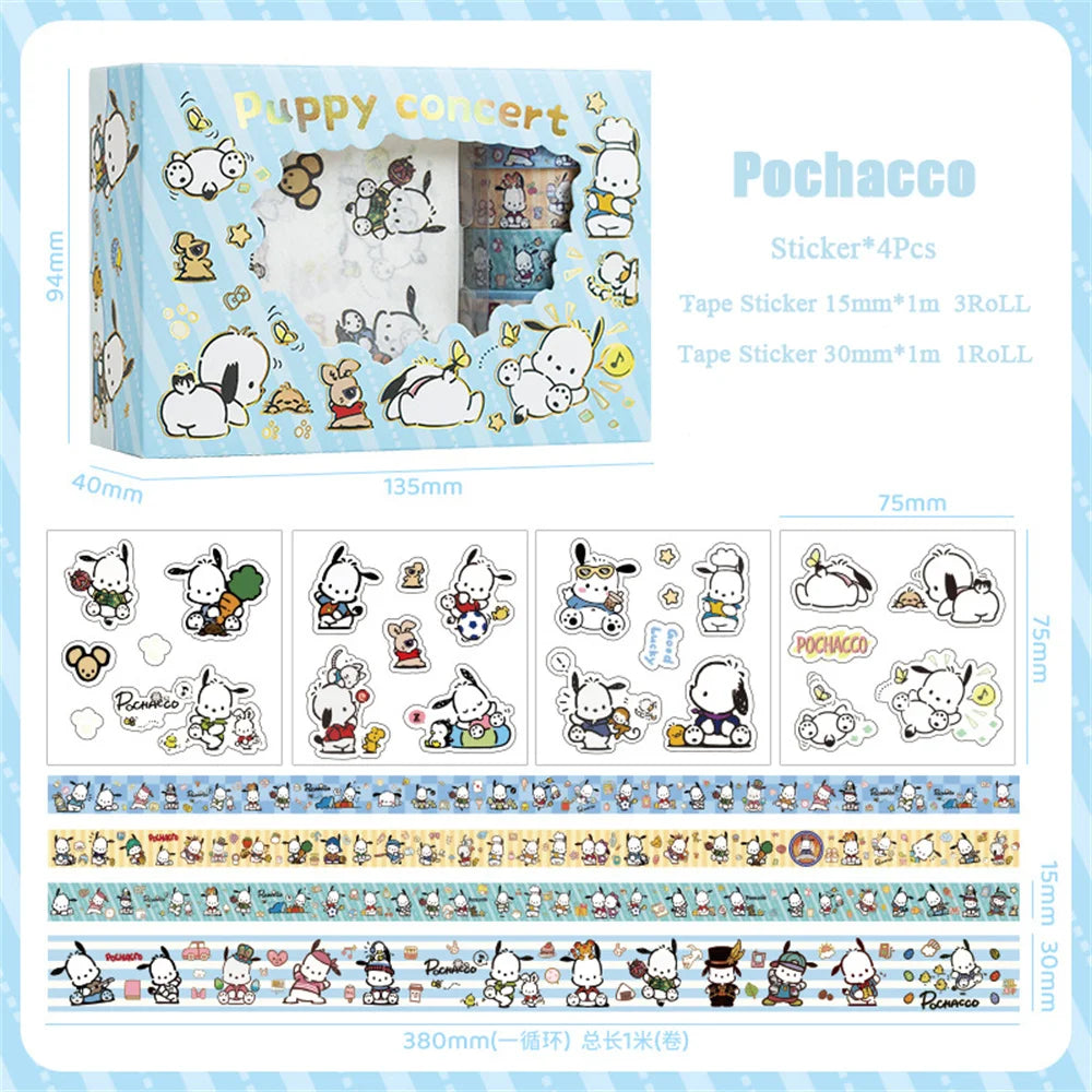 Sanrio Hello Kitty Cinnamoroll Kuromi Sticker Roll Gift Box Cute My Melody Pompompurin Hand Acount Tape Stickers Decal Kids Toys