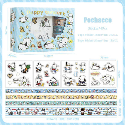 Sanrio Hello Kitty Cinnamoroll Kuromi Sticker Roll Gift Box Cute My Melody Pompompurin Hand Acount Tape Stickers Decal Kids Toys
