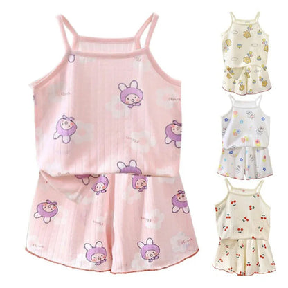 Summer Camisole Sling Tops+Shorts 2-Piece Set Girl's Soft Cotton Pajamas Fashion Cartoon Print Kids Home Clothes Casual Suit New