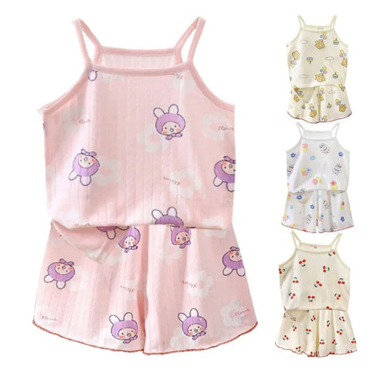 Summer Camisole Sling Tops+Shorts 2-Piece Set Girl's Soft Cotton Pajamas Fashion Cartoon Print Kids Home Clothes Casual Suit New