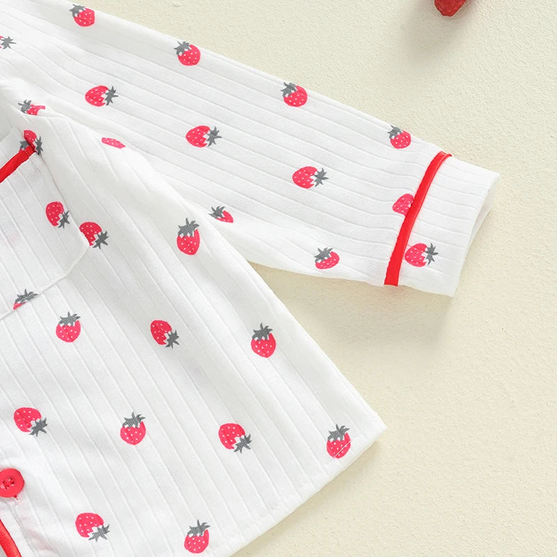 Kids Girls Autumn Pajama Sets Long Sleeve Lapel Strawberry Print Shirt Pants 2 Pieces Loose Sleepwear Nightgown