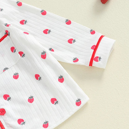 Kids Girls Autumn Pajama Sets Long Sleeve Lapel Strawberry Print Shirt Pants 2 Pieces Loose Sleepwear Nightgown