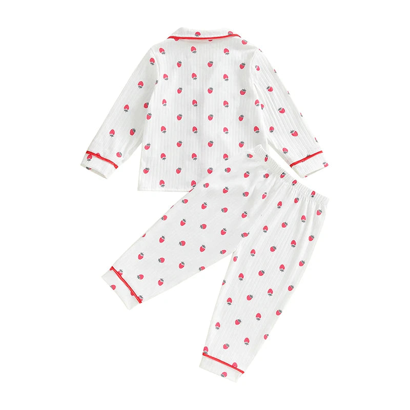 Kids Girls Autumn Pajama Sets Long Sleeve Lapel Strawberry Print Shirt Pants 2 Pieces Loose Sleepwear Nightgown