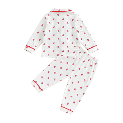 Kids Girls Autumn Pajama Sets Long Sleeve Lapel Strawberry Print Shirt Pants 2 Pieces Loose Sleepwear Nightgown
