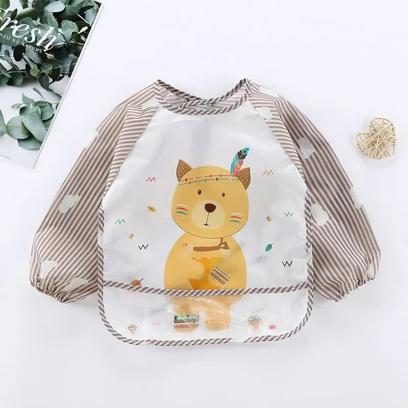 1Pcs Waterproof Eating Smock Infant Toddler Baby Cartoon Long Sleeve Art Apron Animal Smock Soft Baby Bib Burp Clothes