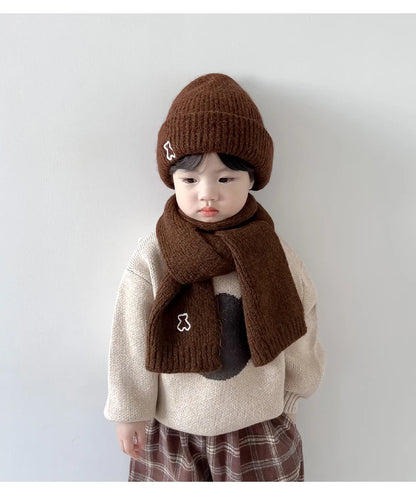 2024 New Fashion Warm Hat Scarf Set for Kids Boy Girl Chic Cartoon Bear Knitted Hat Scarf Autumn Winter Warm Beanie Scarf Set