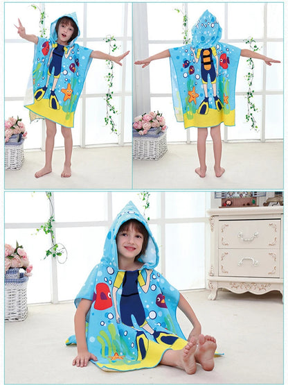 80-130cm Kids Hooded Bath Beach Poncho Towels Baby Quick Dry Bathrobe Child Cartoon Poncho Towels Microfiber Swim Cover-ups