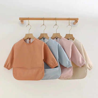 Baby Kids Toddler Long Sleeve Scarf Waterproof Art Smock Feeding Bib Apron Pocket Infant Boys Girls Burp Cloth Bandana Bibs