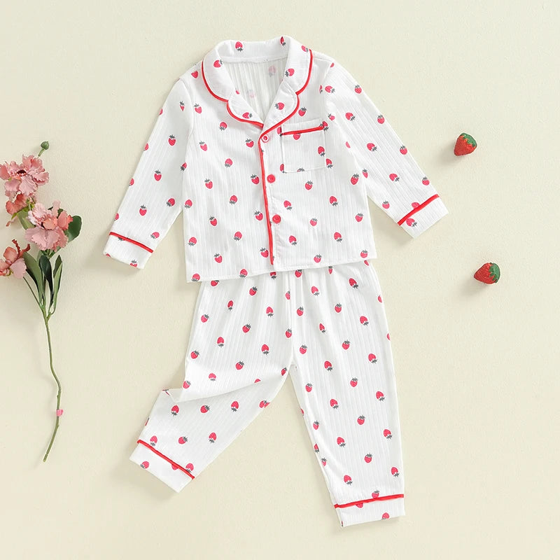 Kids Girls Autumn Pajama Sets Long Sleeve Lapel Strawberry Print Shirt Pants 2 Pieces Loose Sleepwear Nightgown