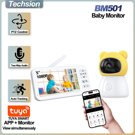 TUYA 5 Inch Video Baby Monitor with Camera PTZ Zoom 3MP Babyphone Cam Security Protection Surveillance Cam Temperature Sensor