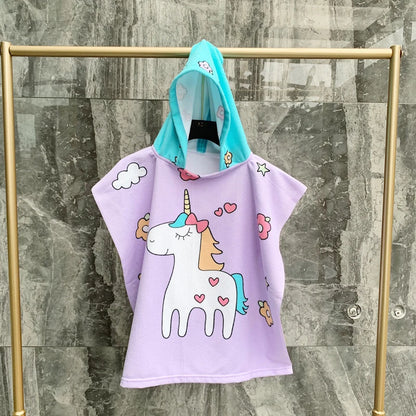 80-130cm Kids Hooded Bath Beach Poncho Towels Baby Quick Dry Bathrobe Child Cartoon Poncho Towels Microfiber Swim Cover-ups
