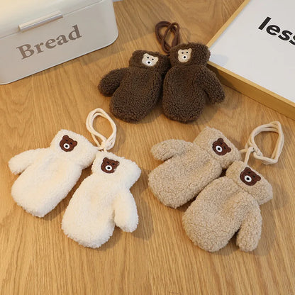Bear Winter Baby Scarf Gloves Set Faux Lamb Wool Korean Warm Kids Neck Warmer Mittens Children Boys Girls Accessories 2-6Y