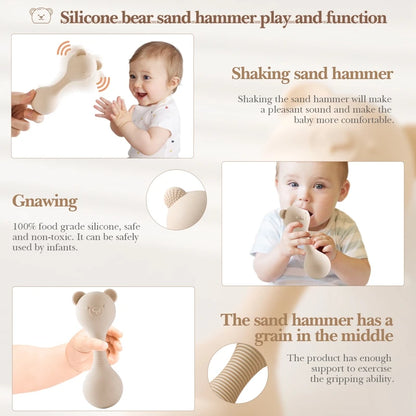 Baby Silicone Sand Hammer Toys 0 12 Months Baby Teether Toys Cartoon Bear Make Hoise Maracas Silicone Accessories for Babies