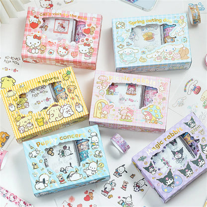 Sanrio Hello Kitty Cinnamoroll Kuromi Sticker Roll Gift Box Cute My Melody Pompompurin Hand Acount Tape Stickers Decal Kids Toys
