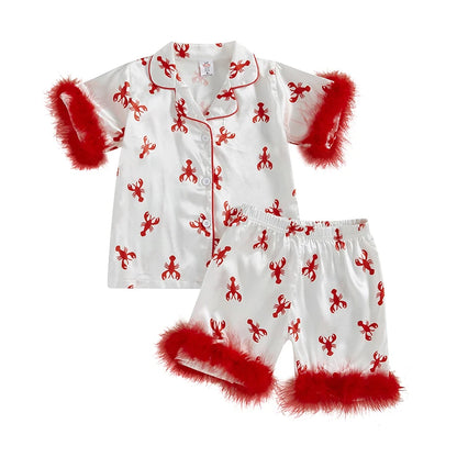 Children s Girls Pajama Set Lobster Polka Dot Print Short Sleeve Top with Elastic Waist Shorts Sleepwear for Kids
