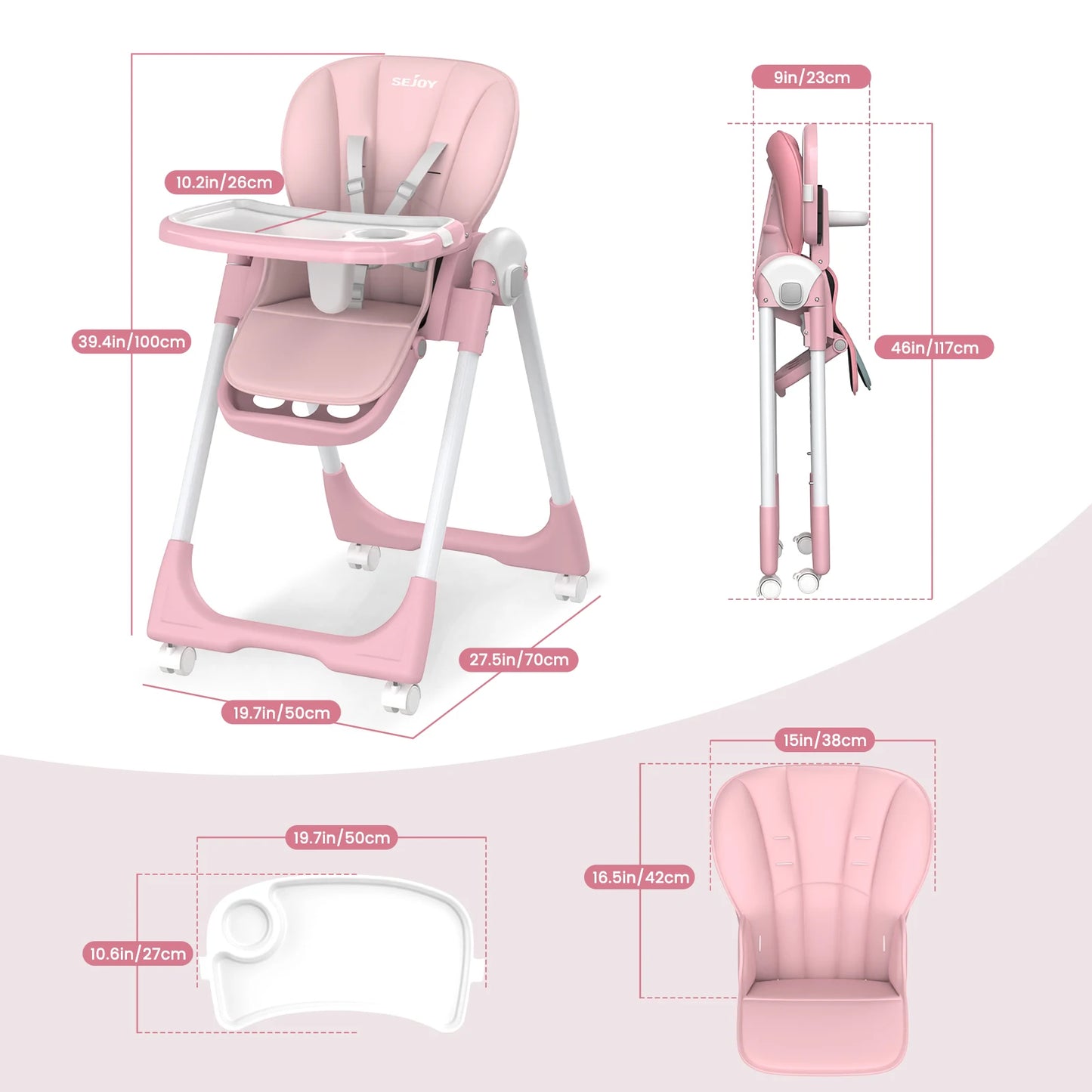 SEJOY Baby High Chair Infants Folding Convertible Removable Tray Adjustable Seat