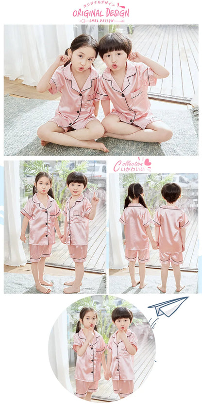 2024 New Summer Children Clothes Pajama Set Stain Silk Soft Solid Color Comfortable Clothing Kids Girls Boys Pajamas Sleepwear