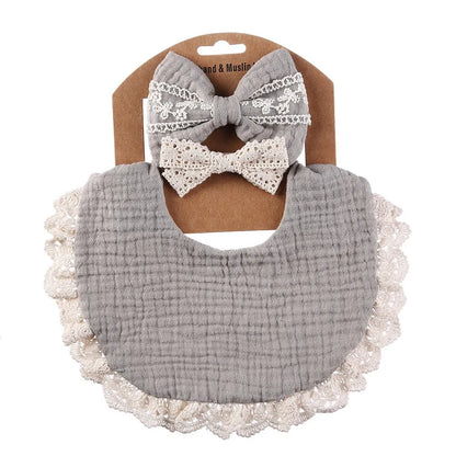 3Pcs/set Solid Muslin Cotton Baby Bibs & Lace Headbands Princess Boys Girls Saliva Towel Feeding Burp Cloths Nylon Hair Bands