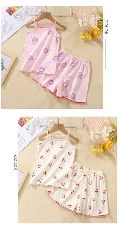 Summer Camisole Sling Tops+Shorts 2-Piece Set Girl's Soft Cotton Pajamas Fashion Cartoon Print Kids Home Clothes Casual Suit New