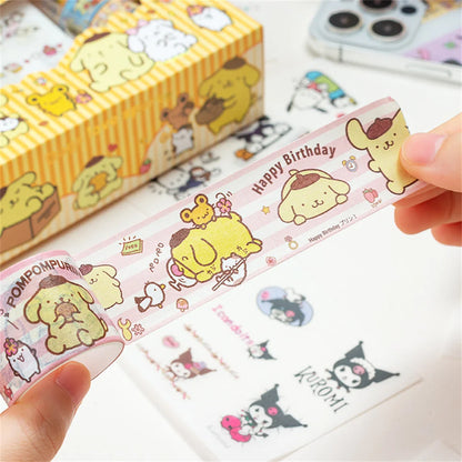 Sanrio Hello Kitty Cinnamoroll Kuromi Sticker Roll Gift Box Cute My Melody Pompompurin Hand Acount Tape Stickers Decal Kids Toys