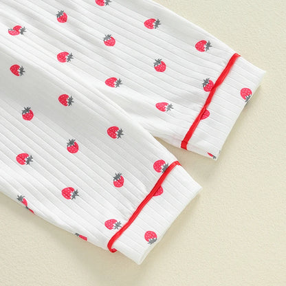 Kids Girls Autumn Pajama Sets Long Sleeve Lapel Strawberry Print Shirt Pants 2 Pieces Loose Sleepwear Nightgown