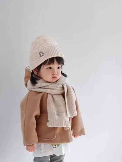 2024 New Fashion Warm Hat Scarf Set for Kids Boy Girl Chic Cartoon Bear Knitted Hat Scarf Autumn Winter Warm Beanie Scarf Set