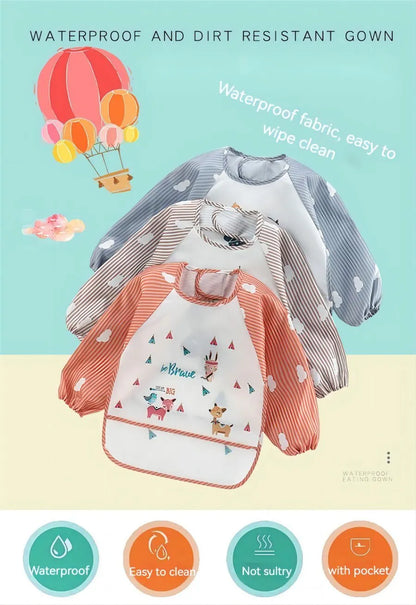 1Pcs Waterproof Eating Smock Infant Toddler Baby Cartoon Long Sleeve Art Apron Animal Smock Soft Baby Bib Burp Clothes