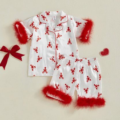 Children s Girls Pajama Set Lobster Polka Dot Print Short Sleeve Top with Elastic Waist Shorts Sleepwear for Kids