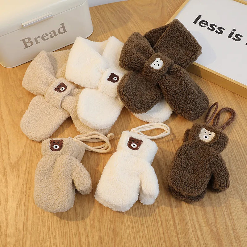 Bear Winter Baby Scarf Gloves Set Faux Lamb Wool Korean Warm Kids Neck Warmer Mittens Children Boys Girls Accessories 2-6Y