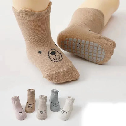 5 Pairs/lot Baby Non Slip Floor Sock 5colored Of Bear Print Infant Girl Cotton Socks Solid Autumn Anti Slip Children's Knee Sock