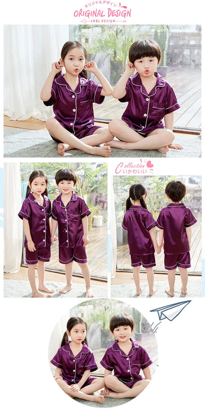 2024 New Summer Children Clothes Pajama Set Stain Silk Soft Solid Color Comfortable Clothing Kids Girls Boys Pajamas Sleepwear