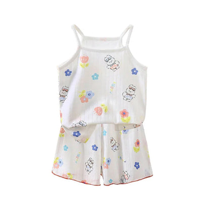 Summer Camisole Sling Tops+Shorts 2-Piece Set Girl's Soft Cotton Pajamas Fashion Cartoon Print Kids Home Clothes Casual Suit New