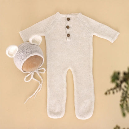 Baby Outfit Newborn Photography Props mohair Knitted Bear Rompers Footed Jumpsuit Hat 2pcs/Sets Photography Clothing Accessories