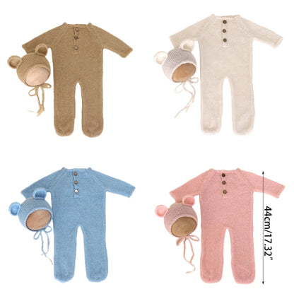 Baby Outfit Newborn Photography Props mohair Knitted Bear Rompers Footed Jumpsuit Hat 2pcs/Sets Photography Clothing Accessories