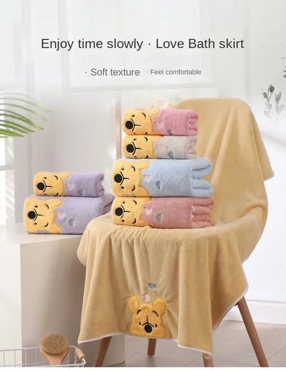 35x75cm/70x140cm Winnie Bear Towel Bath Towel Soft and Absorbent Coral Velvet Towel Home Wash Towel Children's Cartoon Bath Towe