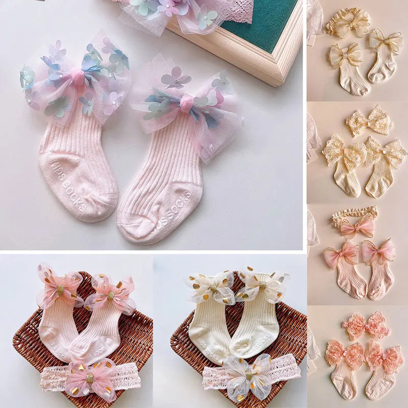 2Pcs Baby Bow Headband Socks Set Toddler Boys Girls Lace Print Bowknot Elastic Hairband Turban Solid Soft Sock Kids Accessories