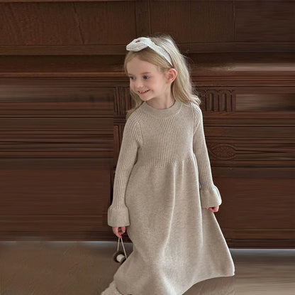 Girls Knitted Dress 2024 Autumn Winter New Children Gown Princess Solid Color Vestidos Kids Fashion Sweater Dresses Baby Clothes