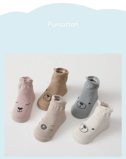 5 Pairs/lot Baby Non Slip Floor Sock 5colored Of Bear Print Infant Girl Cotton Socks Solid Autumn Anti Slip Children's Knee Sock