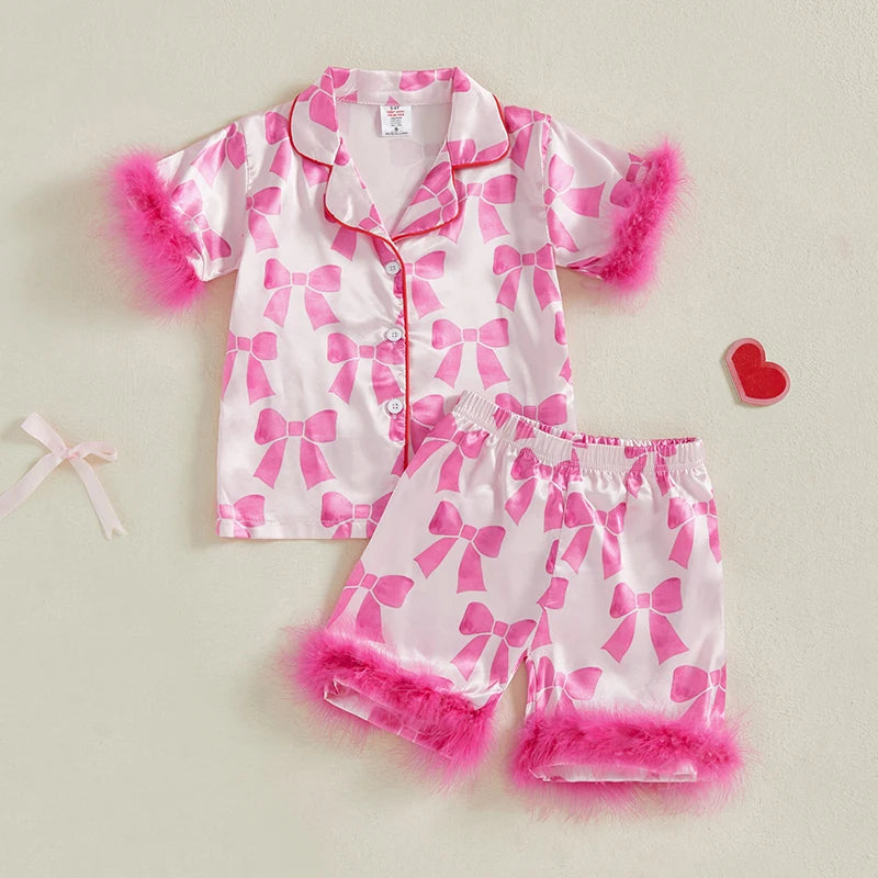 Children s Girls Pajama Set Lobster Polka Dot Print Short Sleeve Top with Elastic Waist Shorts Sleepwear for Kids